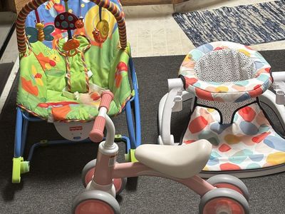$5 each or $12 for all -FisherPrice Infant-to-Toddler Rocker & Sit-Me-Up Floor Seat with Pink Tricycle