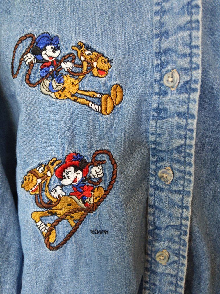 Vintage 1990s Disney Mickey Mouse & Pluto Denim Button-Up Shirt, Women's Size L, Embroidered