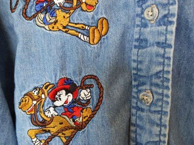 Vintage 1990s Disney Mickey Mouse & Pluto Denim Button-Up Shirt, Women's Size L, Embroidered