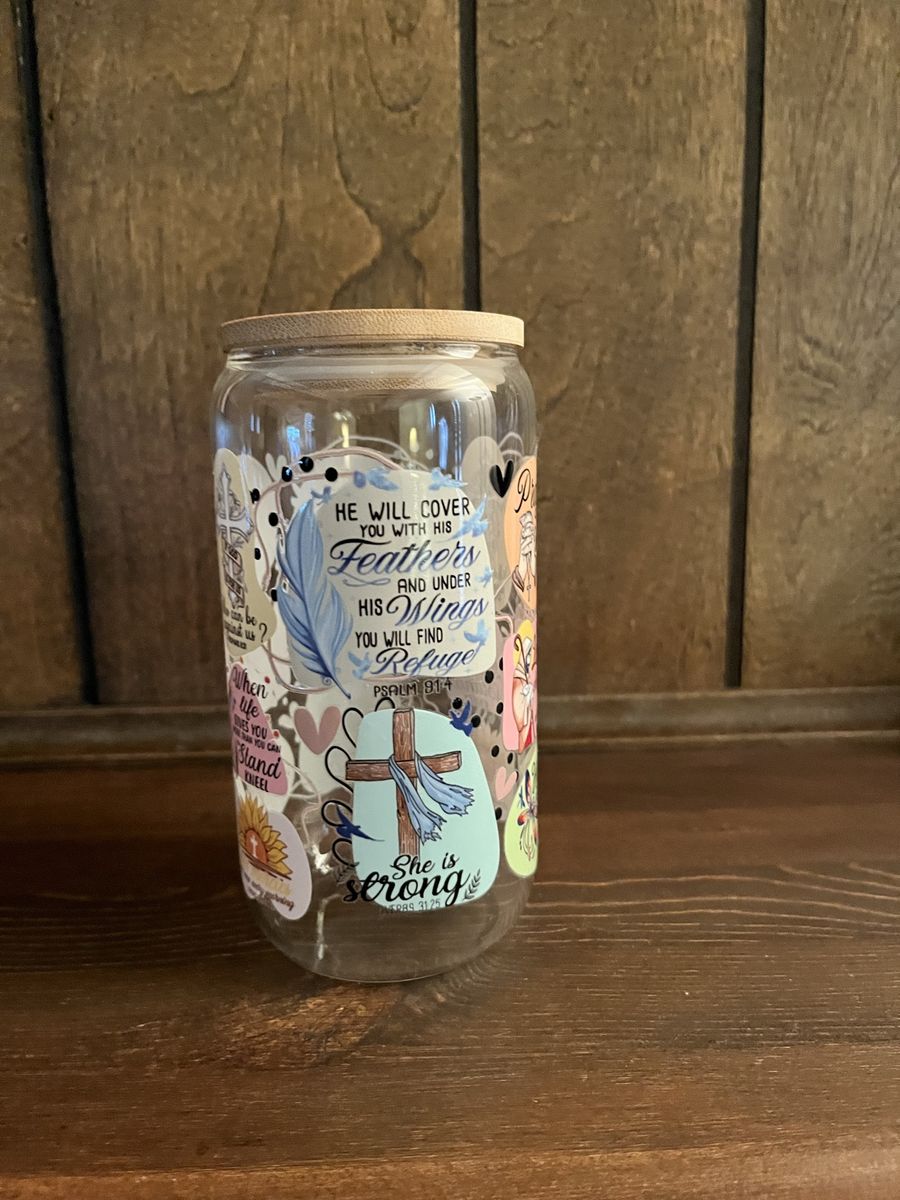 16 oz Handmade Christian Glass Can Tumbler | Bamboo Lid | Bible Verse Cup