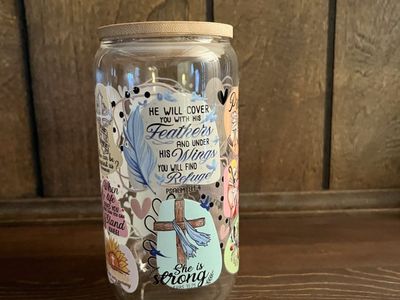 16 oz Handmade Christian Glass Can Tumbler | Bamboo Lid | Bible Verse Cup