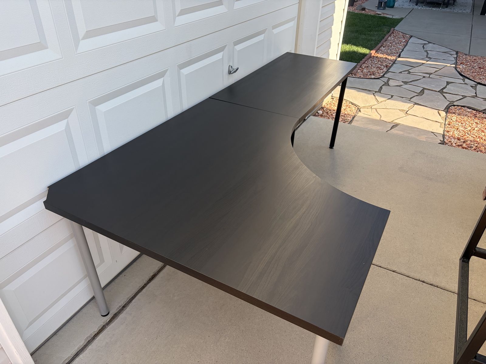IKEA Black L-Shaped Corner Computer Desk with Metal Legs and Chairs 