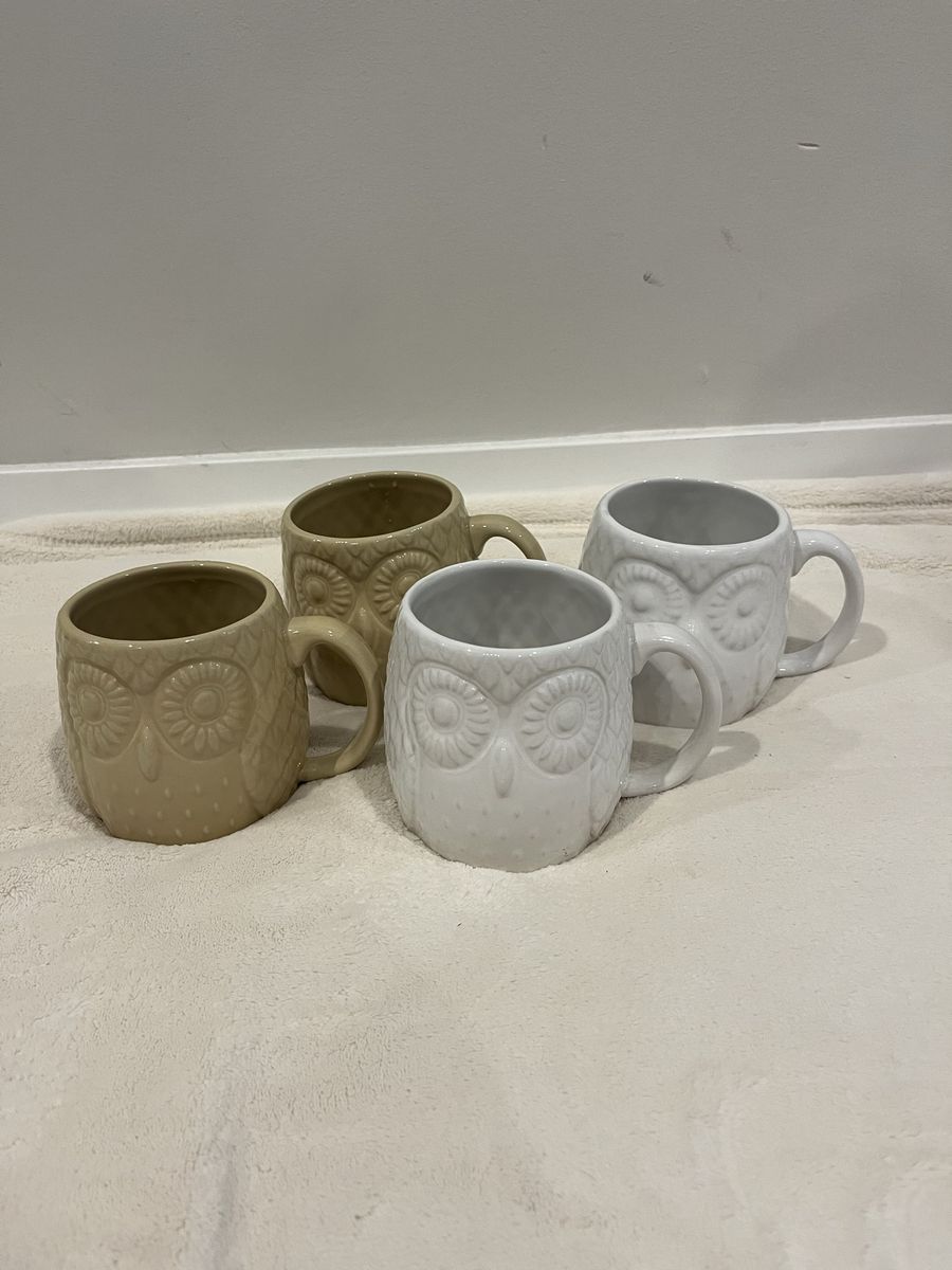Set of 4 Embossed Ceramic Owl Coffee Mugs - White & Tan