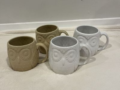 Set of 4 Embossed Ceramic Owl Coffee Mugs - White & Tan