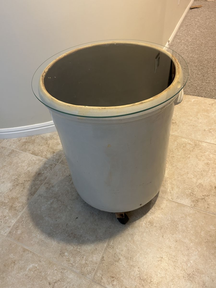 Vintage 20-Gallon Stoneware Crock Accent Table with Glass Top