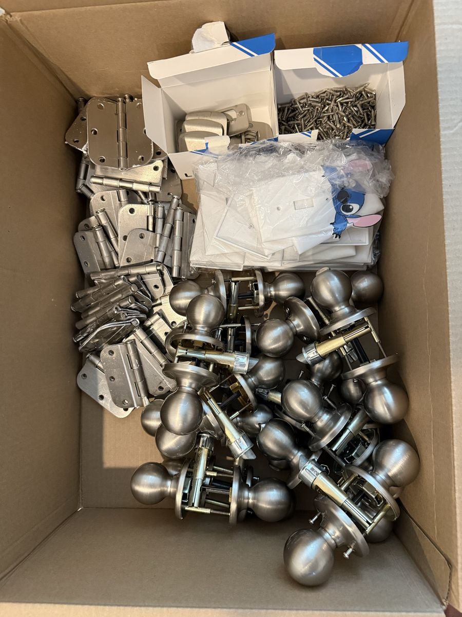 Lot of Door Knobs, Hinges, & Outlet Covers - Brushed Nickel/Silver Tone Hardware