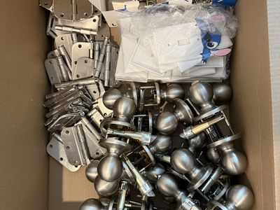 Lot of Door Knobs, Hinges, & Outlet Covers - Brushed Nickel/Silver Tone Hardware