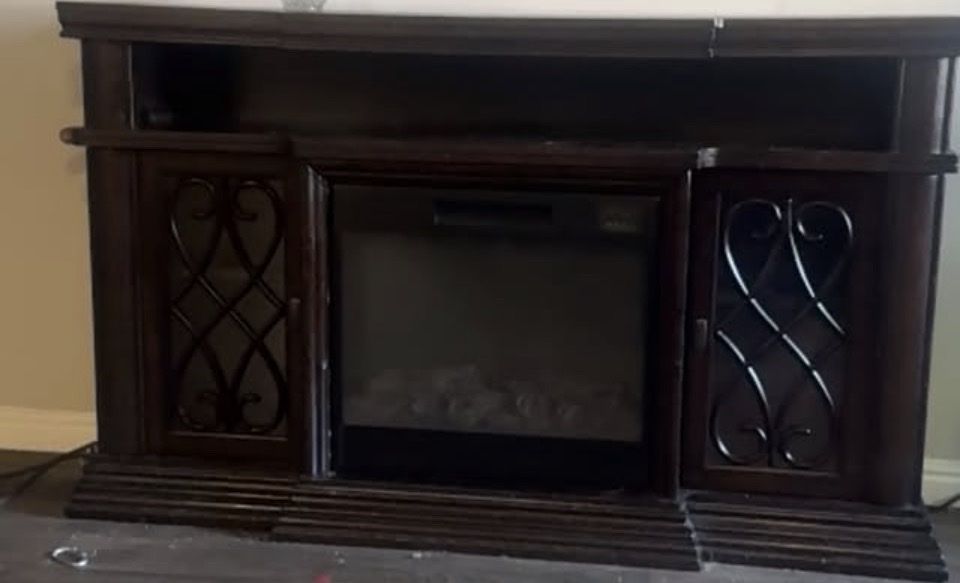 Dark Wood Electric Fireplace Mantel Entertainment Center with Cabinet Storage