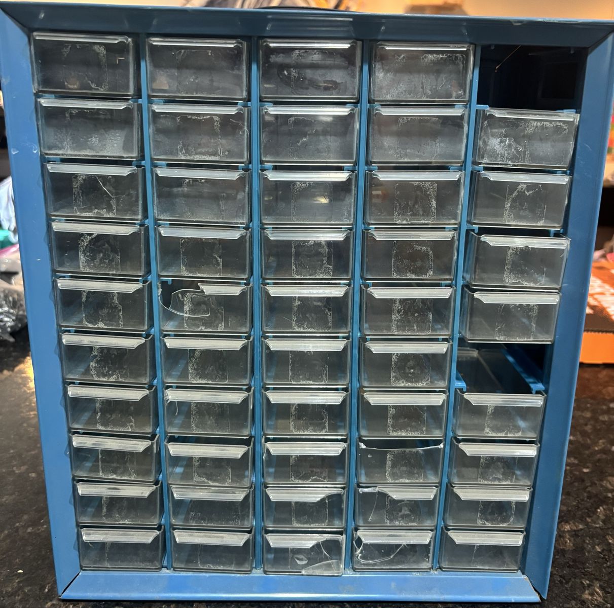 Vintage Blue Metal Parts Organizer Cabinet with Clear Plastic Drawers