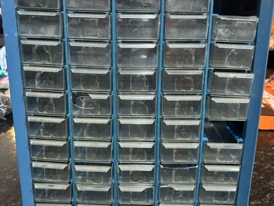 Vintage Blue Metal Parts Organizer Cabinet with Clear Plastic Drawers