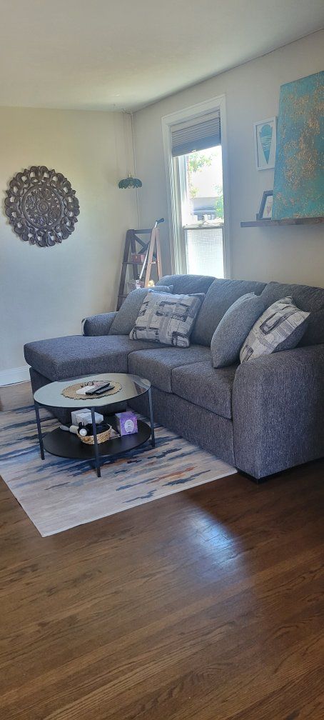 Sectional Sofa with Reversible Chaise, Gray Fabric Couch with Pillows