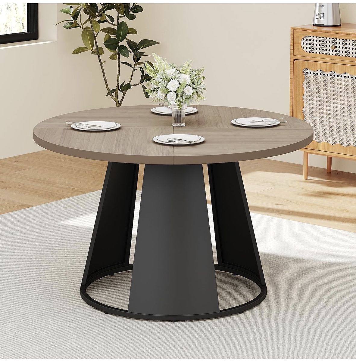 Modern Round Dining Table, 47.24" Wood Grain Top with Black Metal Base brand new still in box.