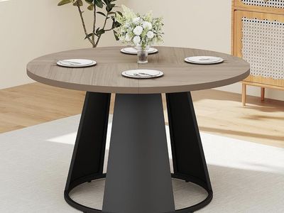Modern Round Dining Table, 47.24" Wood Grain Top with Black Metal Base brand new still in box.