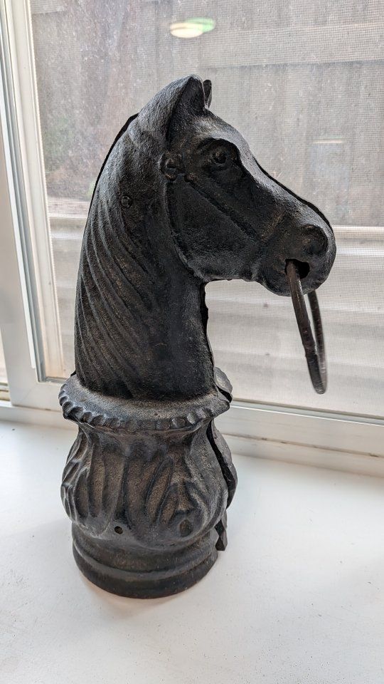 Antique iron horse head hitching post topper