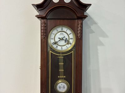 Vintage Wooden Wall Clock with Pendulum and Roman Numerals