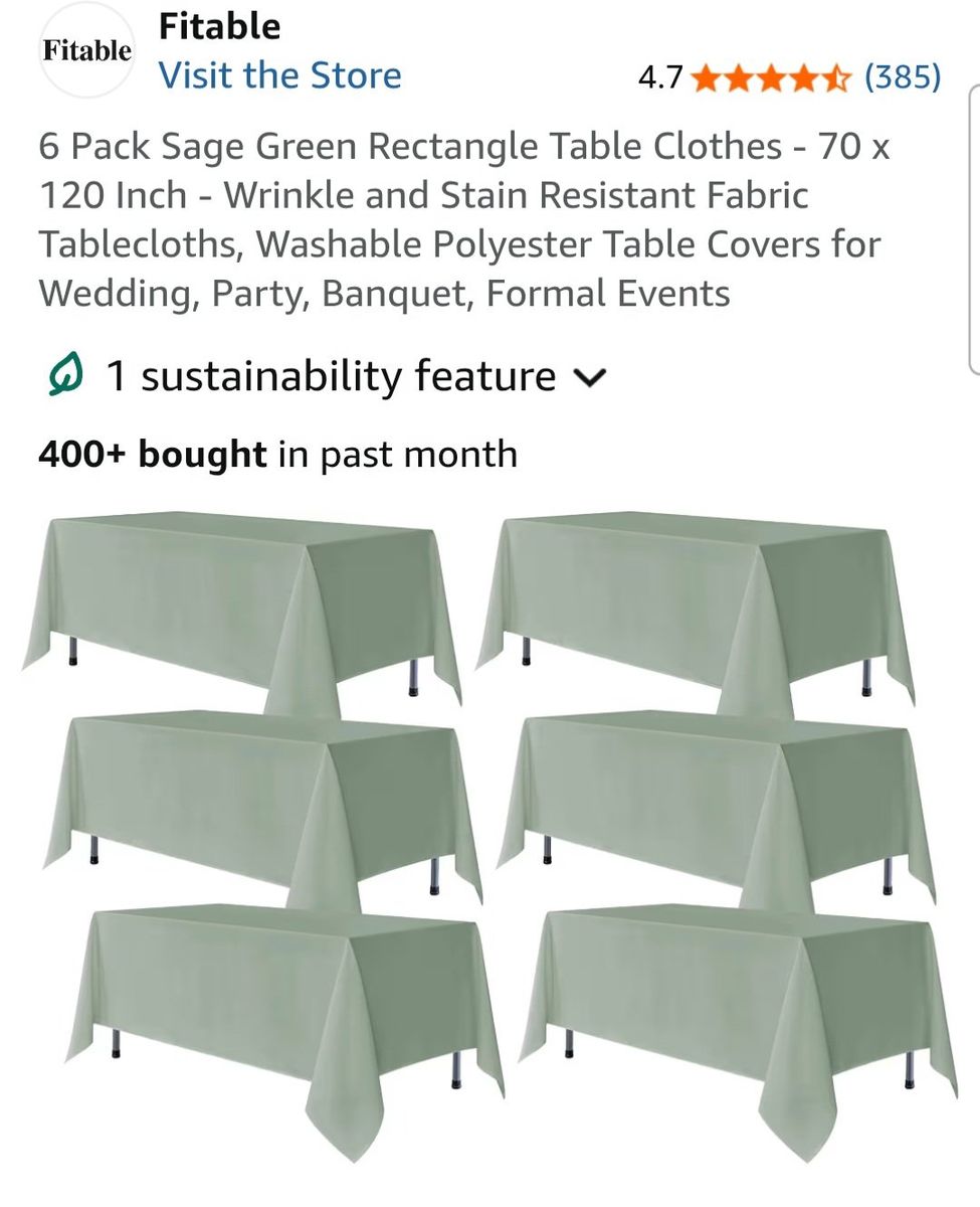 6-Pack Sage Green 70x120" Wrinkle & Stain Resistant Washable Polyester Tablecloths
