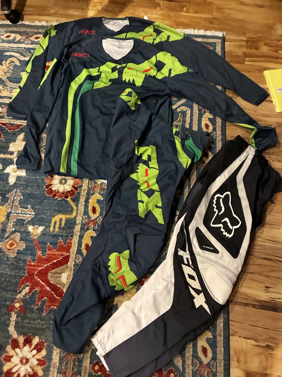 Fox Racing 180 Motocross Gear Set - 2 Jerseys (M, XL) & 2 Pants (L,XL) - Blue/Green/Black/White