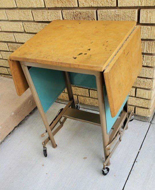 Vintage Mid-Century Modern Drop Leaf desk with Casters - Brown Wood Top, Teal & Gold Base
