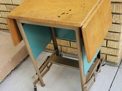 Vintage Mid-Century Modern Drop Leaf desk with Casters - Brown Wood Top, Teal & Gold Base