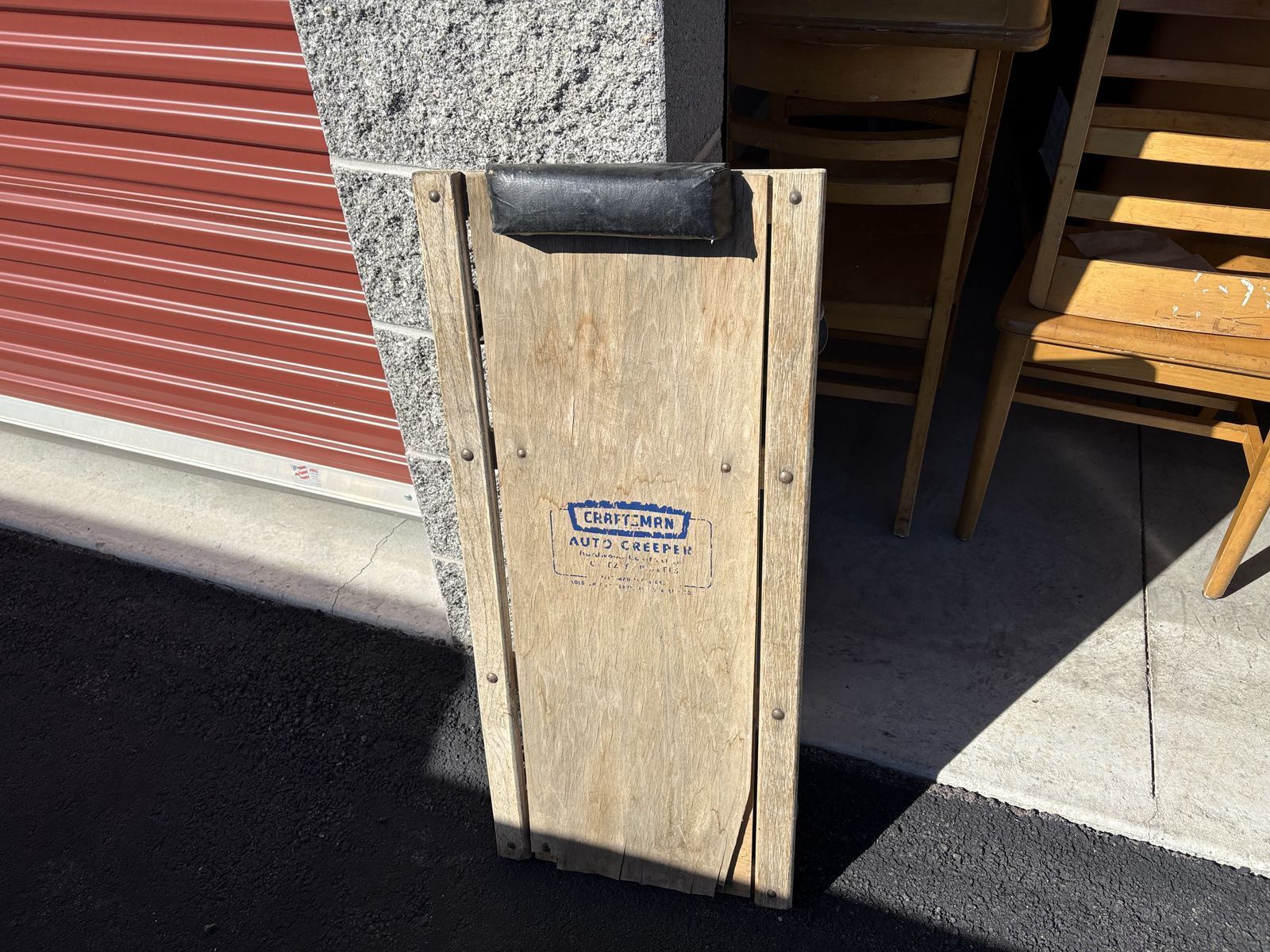 Antique Craftsman wooden auto creeper, good original metal casters vintage automobile service repair 