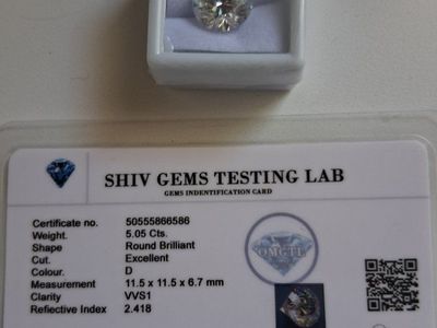 Shiv Gems 5.05 Cts Round Brilliant Diamond D VVS1 Excellent Cut 11.5x11.5x6.7mm