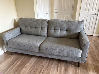 Gray Upholstered 2-Seat Sofa Couch - 6'7" long, Tufted Back, Modern Style