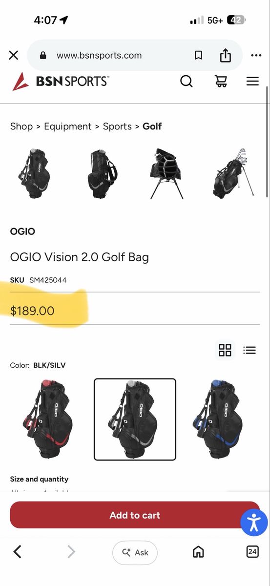 OGIO Vision 2.0 Golf Stand Bag, Black/Silver - New with Tags