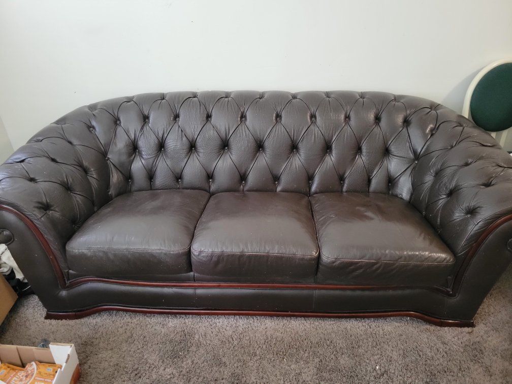 Dark Brown Tufted Leather 3-Seater Sofa with Wood Trim