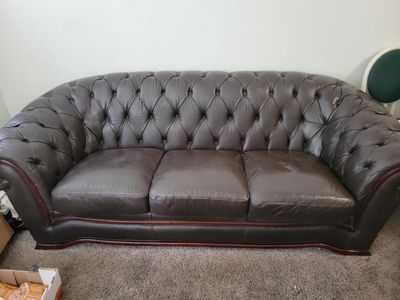 Dark Brown Tufted Leather 3-Seater Sofa with Wood Trim