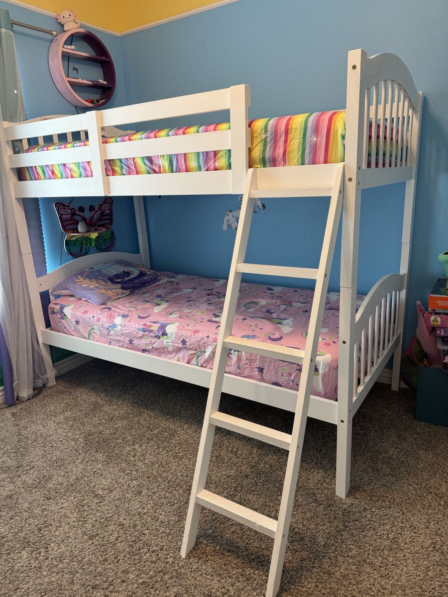 White Wood Twin Over Twin Bunk Bed with Ladder - Good Used Condition - $100