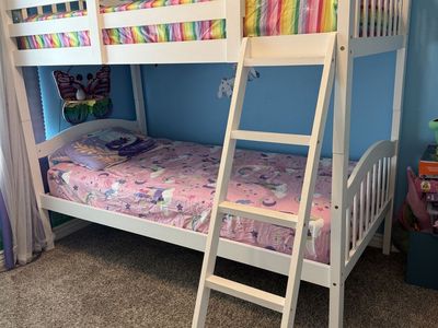 White Wood Twin Over Twin Bunk Bed with Ladder - Good Used Condition - $100