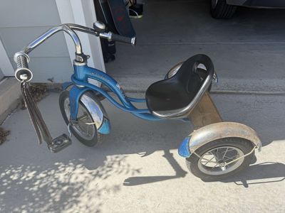 Schwinn Blue Tricycle Vintage Kids Ride-On Toy with Chrome Fenders