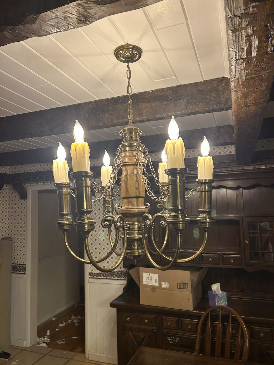 Vintage Brass & Wood Chandelier - 6-Light Candle Style Fixture