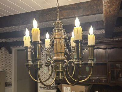 Vintage Brass & Wood Chandelier - 6-Light Candle Style Fixture