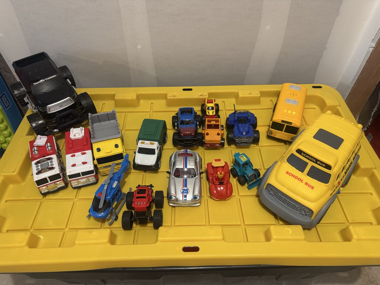 Assorted Toy Vehicles Lot - School Buses, Fire Trucks, Helicopter, Maxx Haulers Truck