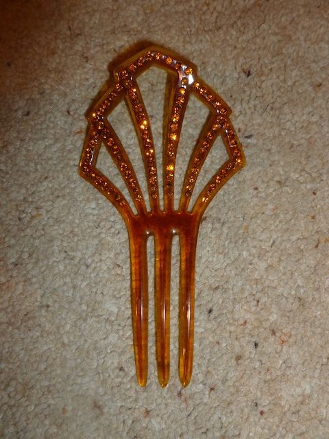 Antique Victorian Celluloid Fan Hair Comb-Orange Rhinestones-Beautiful