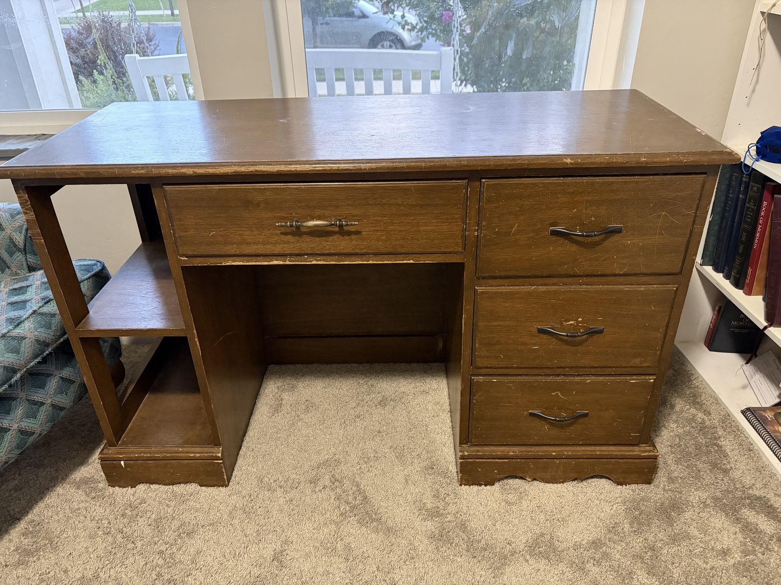 Wooden Desk with Storage Drawers & Side Shelves