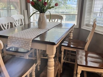 Dining Table Set with 6 Chairs - White Base, Wood Top and Seats