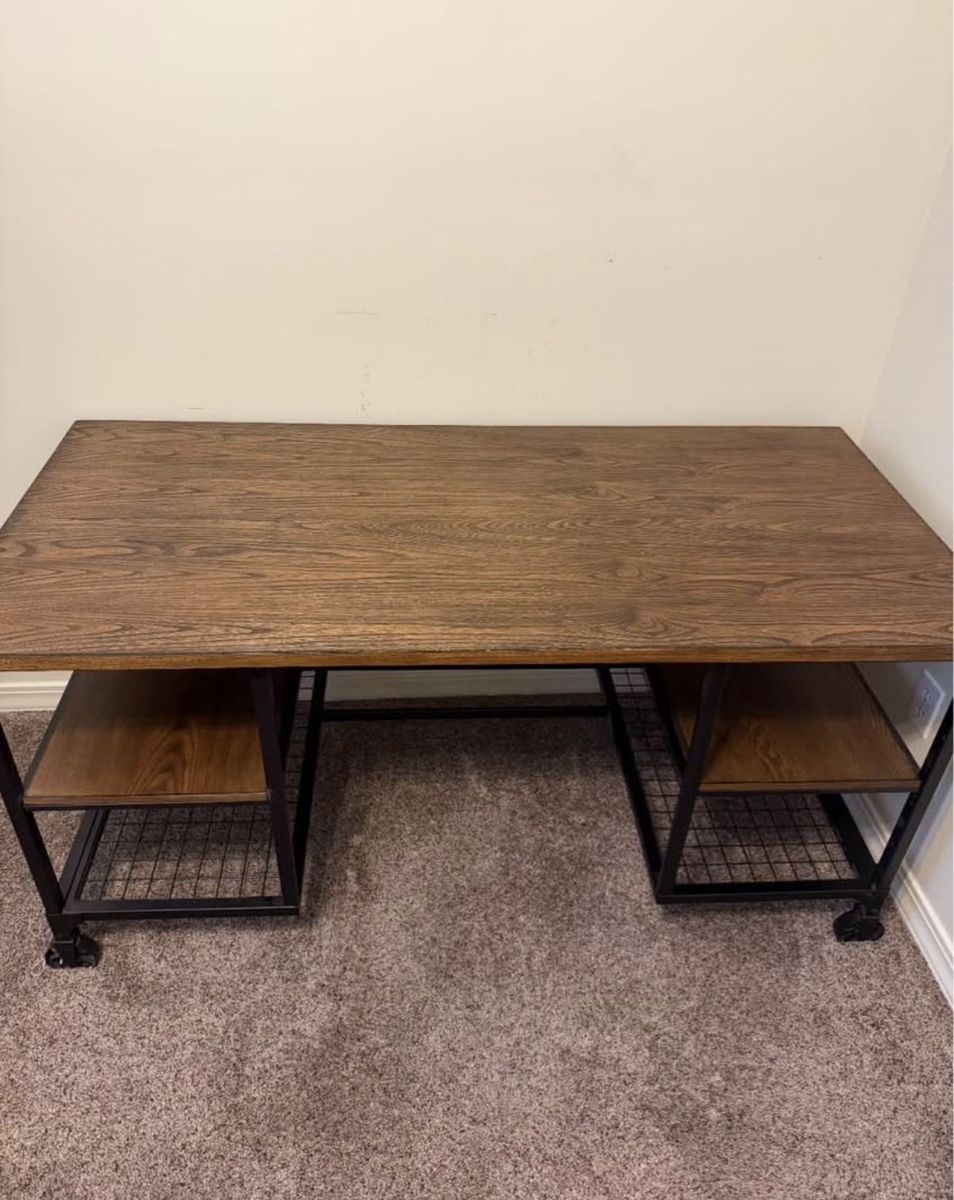 Industrial Style Wood & Metal Desk 60" with Shelves & Casters - Versatile Home Office Furniture
