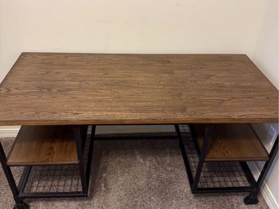 Industrial Style Wood & Metal Desk 60" with Shelves & Casters - Versatile Home Office Furniture