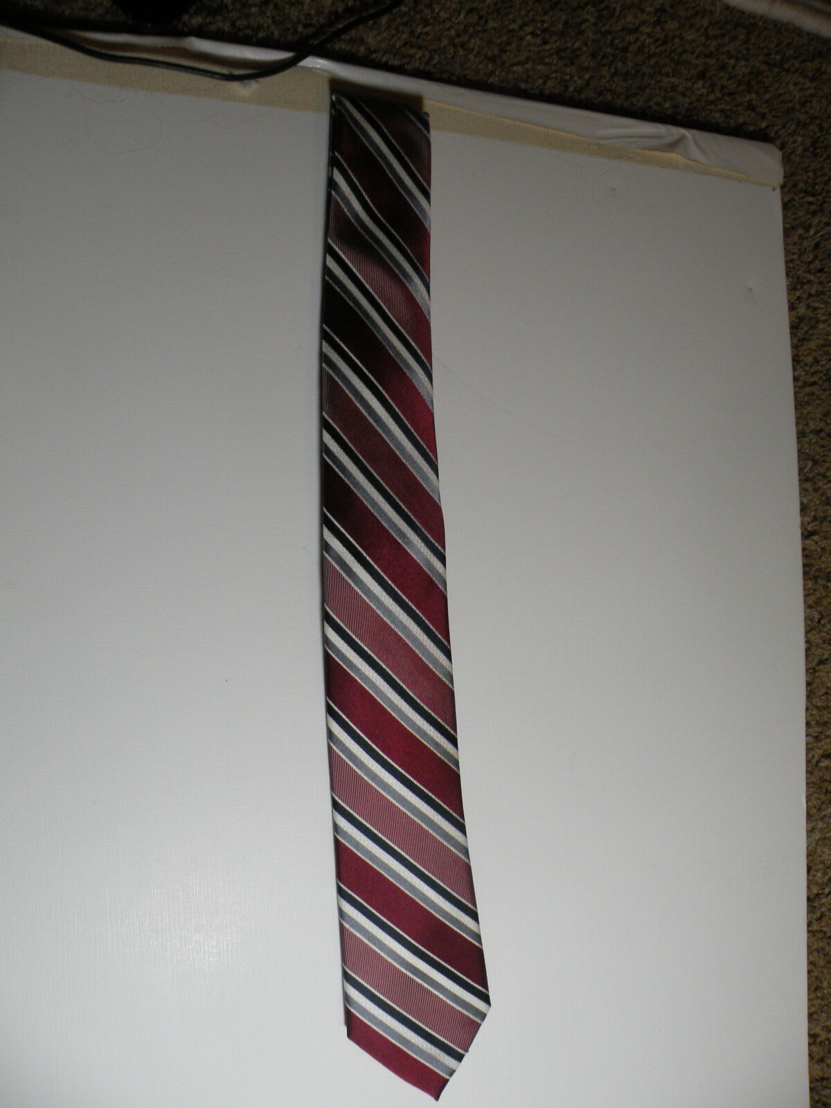 Stafford 100 % Silk Necktie Regular Length, Burgundy, White, Black, Gray Stripes