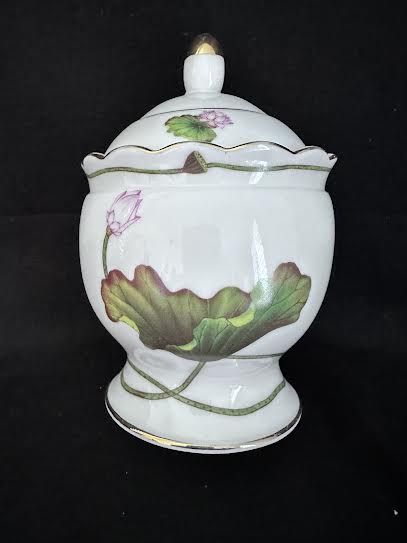 Floral Ginger Jar with Finial Lid Gold Trim Hand Painted