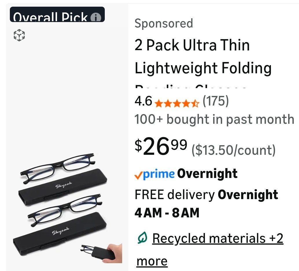 2 Pack Ultra Thin Lightwt Folding Reading Glasses