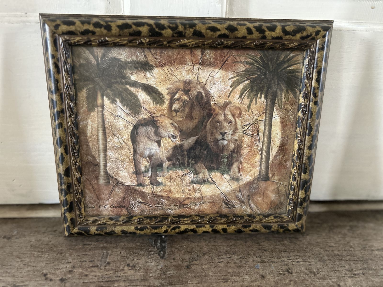 Safari Lion Wall Art with Leopard Print Frame – Textured Wildlife Décor