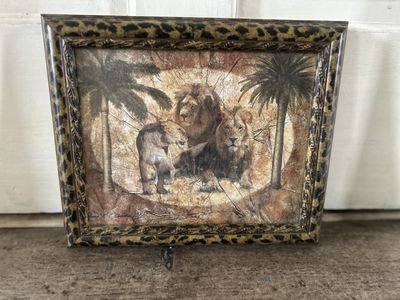 Safari Lion Wall Art with Leopard Print Frame – Textured Wildlife Décor