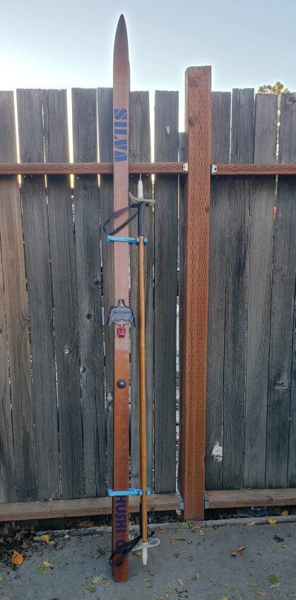 ANTIQUE NORWEGIAN wooden SKIS & POLES SILVA HUSKI
