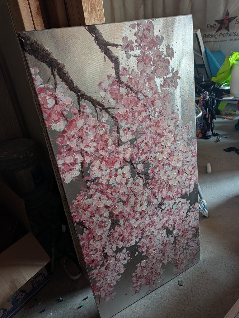 Textured Cherry Blossom Wall Art Painting - Pink & Silver Floral Canvas