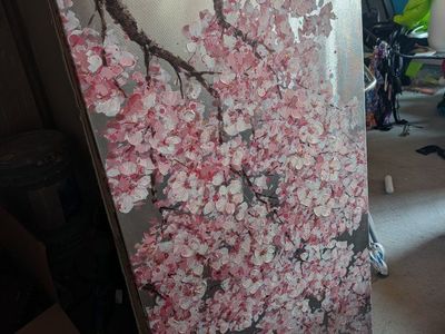 Textured Cherry Blossom Wall Art Painting - Pink & Silver Floral Canvas