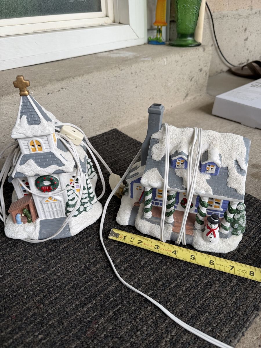 Set of 2 Ceramic Lighted Christmas Village Houses with Cords