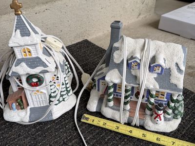 Set of 2 Ceramic Lighted Christmas Village Houses with Cords